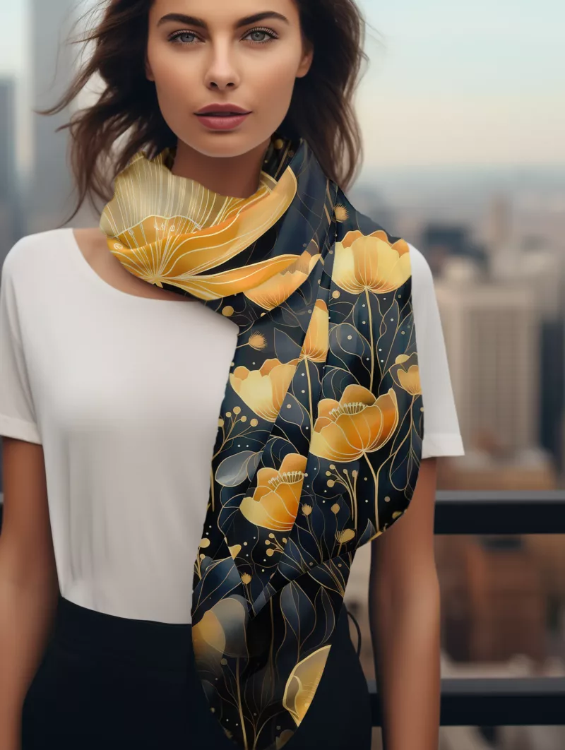 foulard fleuri noir et jaune