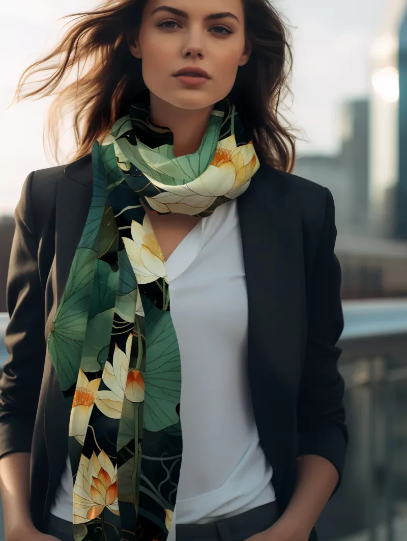 foulard vert lotus blanc