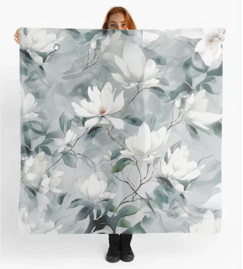 foulard fleurs Magnolia blanc fond gris