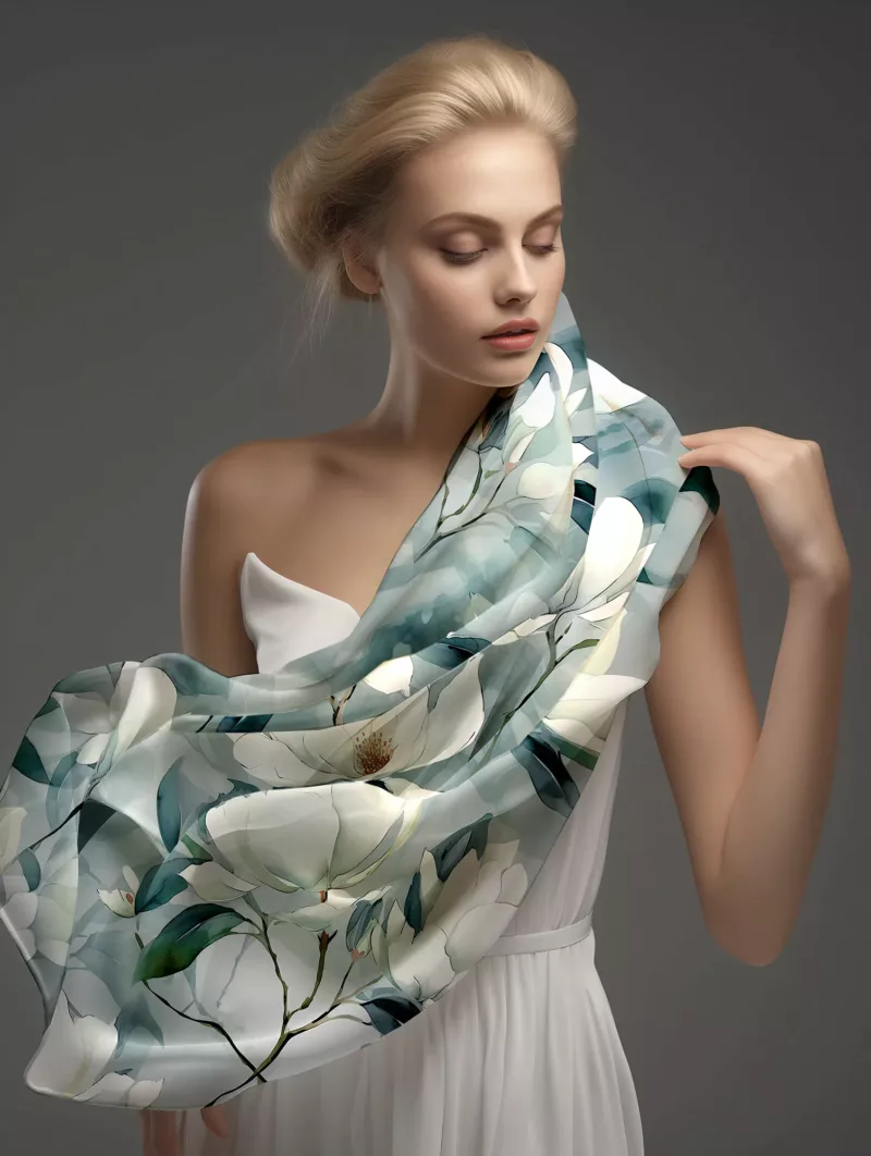 foulard en soie magnolia blanc vert menthol